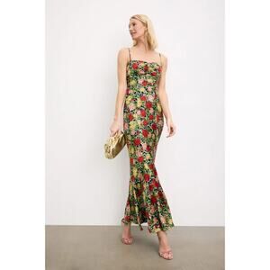SALONI Renee Long Floral Silk Spaghetti-Strap draped Dress Size 4 Retail $775
